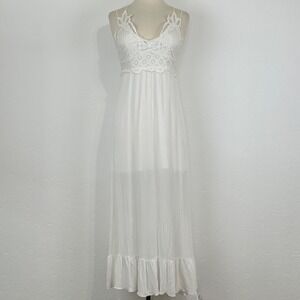 Womens Boho Western Ethereal Maxi Slip Dress Sz S White Lace Bodice Smocked